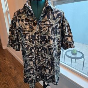 Pierre Cardin Button-up Shirt Mens Large Black Tropical Vintage Short Sleeve